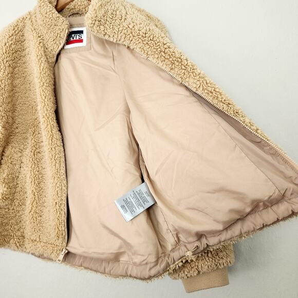 Levi's Teddy Sherpa Fleece Full Zip Jacket Sesame Brown Tan Medium Cinched NEW - Picture 12 of 16
